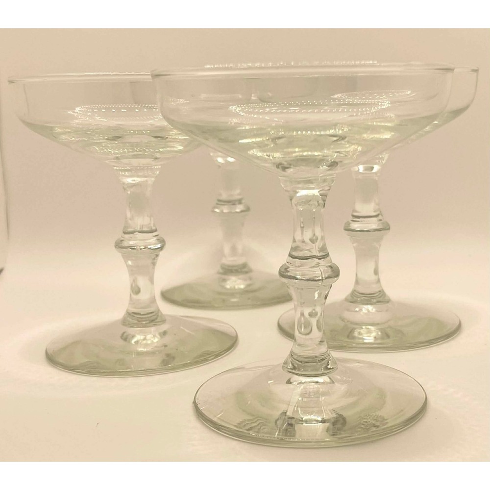 Vintage Clear Glass Champagne Coupe Cocktail Glasses Knop Stem Set of 4‎